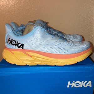 Men’s- HOKA  style: Clifton 8, Size 9, Color: powder blue and orange.